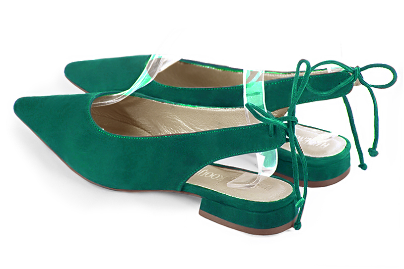 Emerald green women's slingback shoes. Pointed toe. Flat flare heels. Rear view - Florence KOOIJMAN